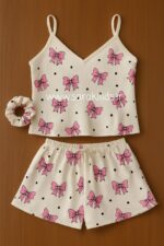 لباس خواب ساتن سه تکه (طرح پاپیون)