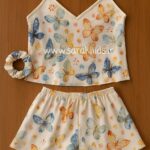 لباس خواب ساتن سه تکه (طرح پروانه آبی)