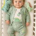 سه تکه نخ پنبه اسپرت 🥳طرح دایناسور سبز