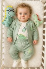 سه تکه نخ پنبه اسپرت 🥳طرح دایناسور سبز