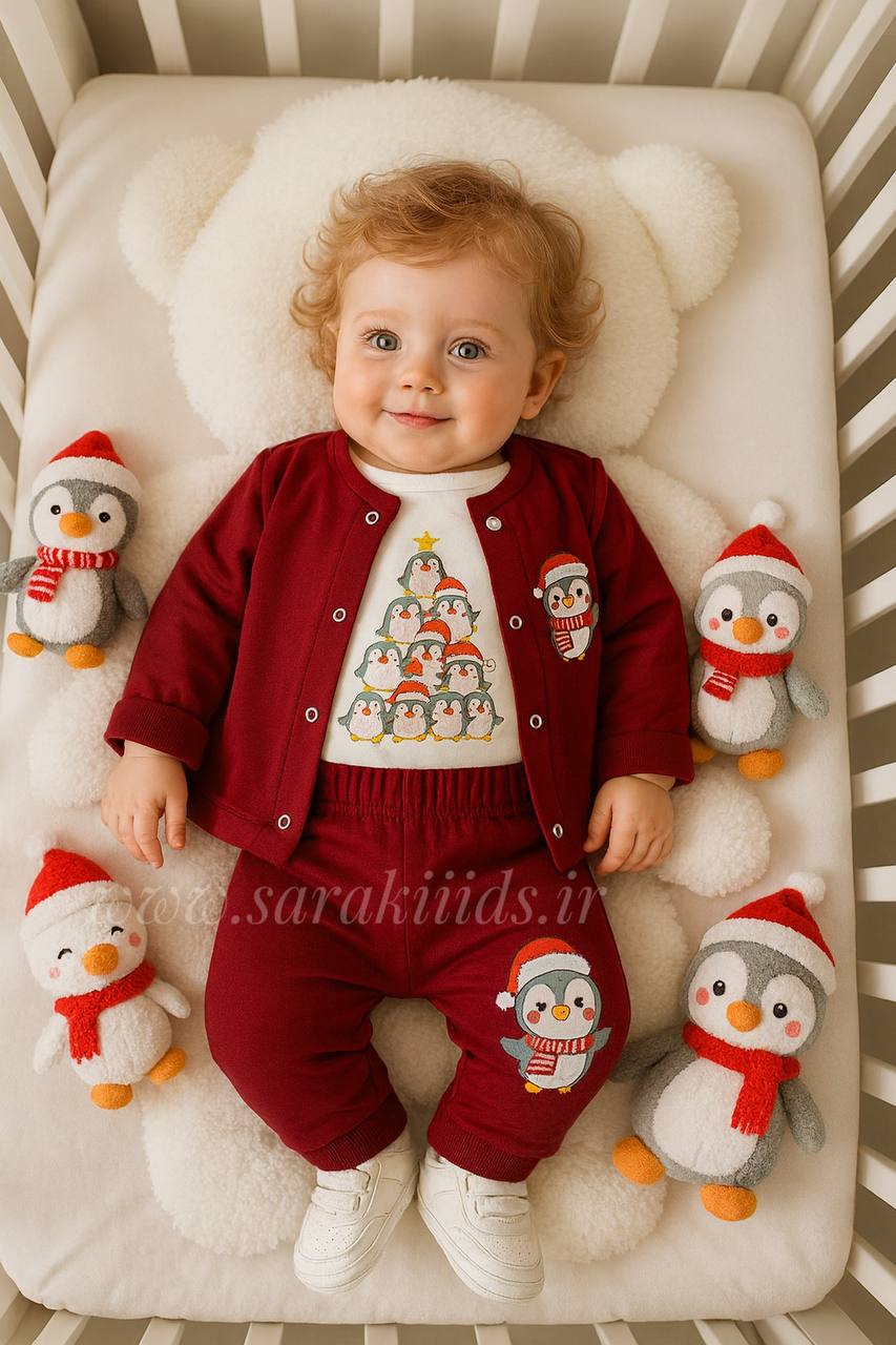 SK45469 سه تکه نخ پنبه اسپرت 🥳طرح پنگوئن قرمز - Image 1