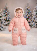 سرهمی زمستانی نوزادی مدل گربه‌ای با خز نرم – صورتی ملایم