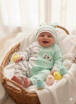 سرهمی نوزادی نخ پنبه طرح جوجه همراه با کلاه