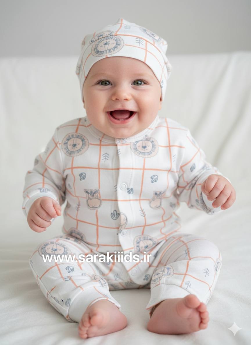SK96959.2 سرهمی نوزادی نخ پنبه کلاهدار طرح (شیر) - Image 1