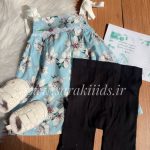 تاب ابی گل سفید با شلوارک پارچه ای مشکی