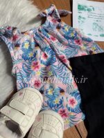 تاب صورتی و ابی با شلوارک پارچه ای مشکی - Image 3
