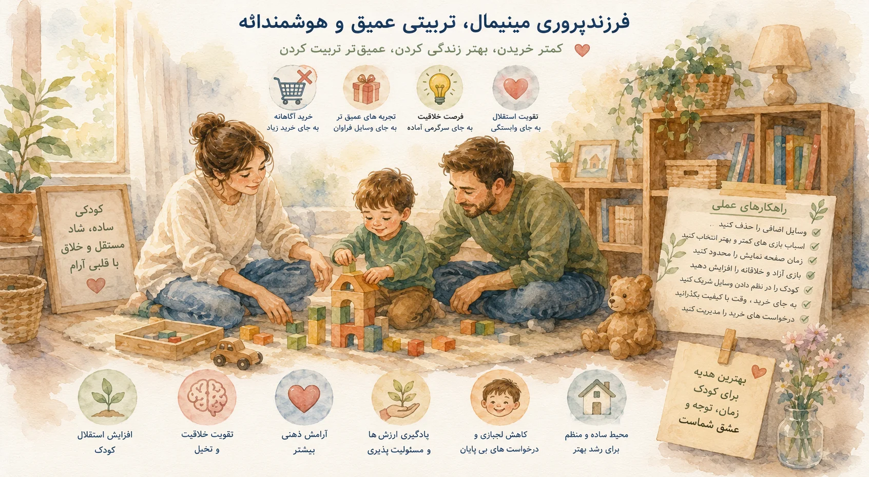 فرزندپروری مینیمال چیست؟ چگونه بدون خریدهای اضافی، کودک شادتر و مستقل‌تری تربیت کنیم؟